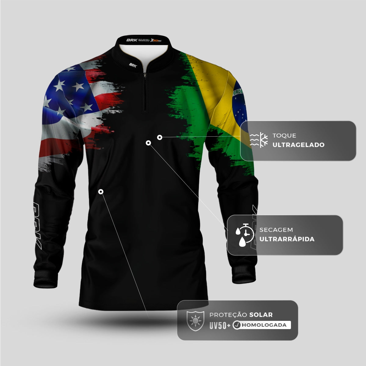 Camisa Agro Brk Bandeira Brasil Estados Unidos com Proteção Solar UV50+ - Brk Fishing