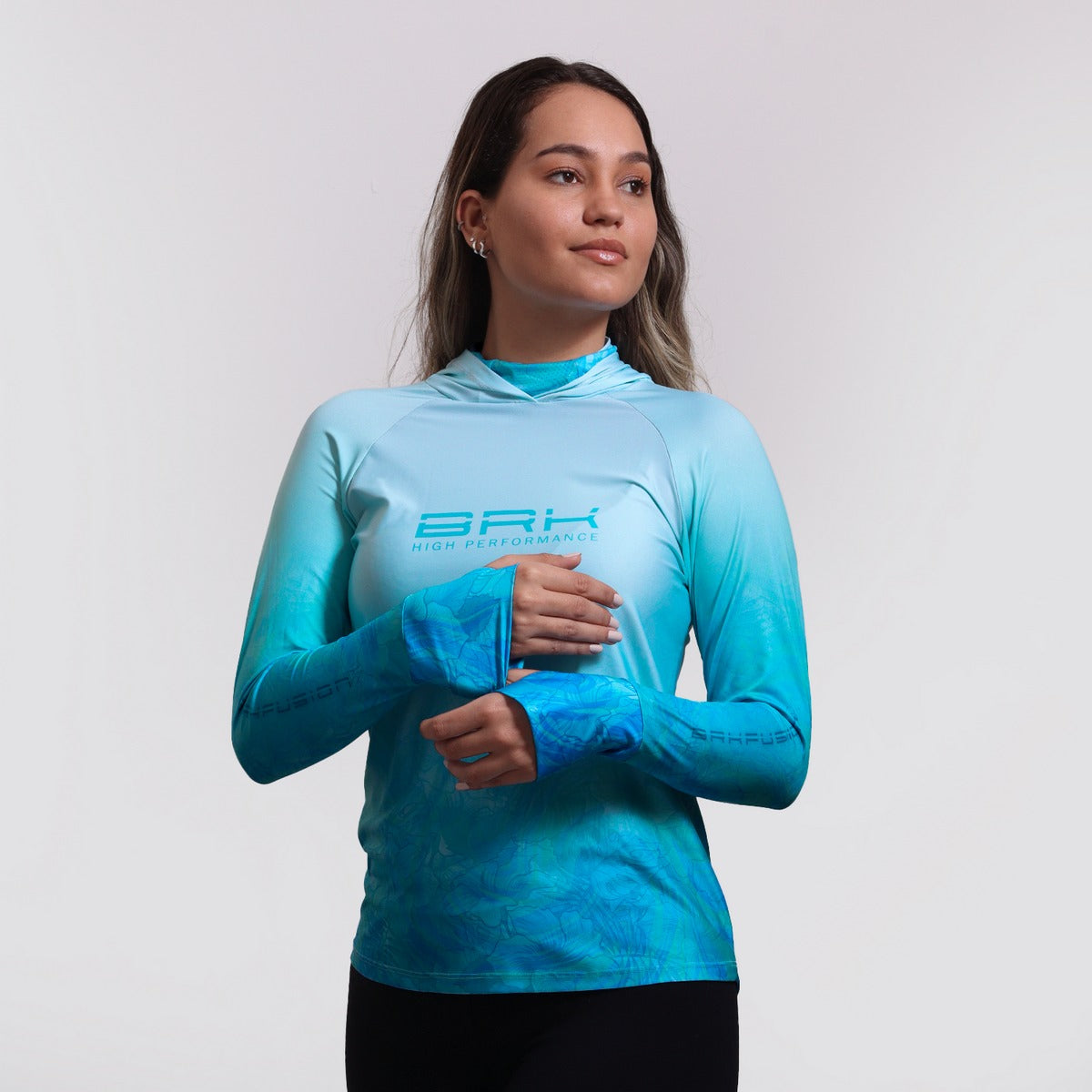Camisa FusionX Feminina Brk Deep Azul Cristal com Capuz e Proteção Solar UV50+ Envio Imediato Brk Fishing