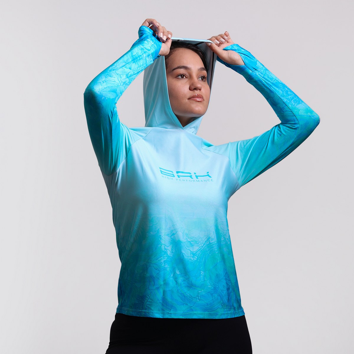 Camisa FusionX Feminina Brk Deep Azul Cristal com Capuz e Proteção Solar UV50+ Envio Imediato Brk Fishing