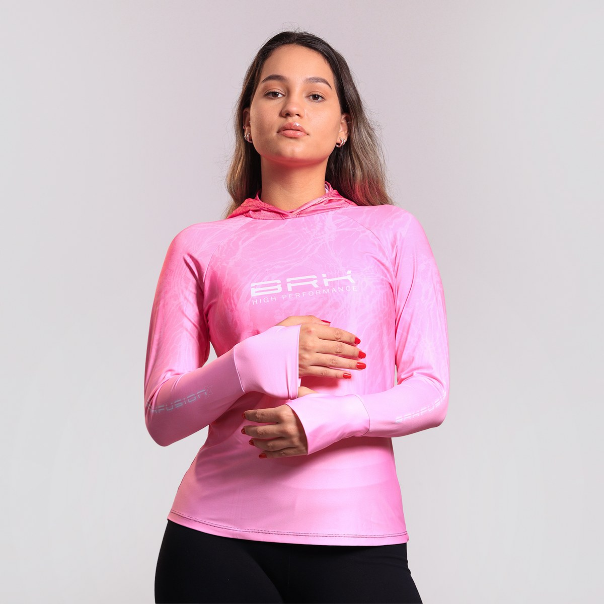 Camisa FusionX Feminina Brk Clean Efeito Água Rosa com Capuz e Proteção Solar UV50+ - Brk Fishing