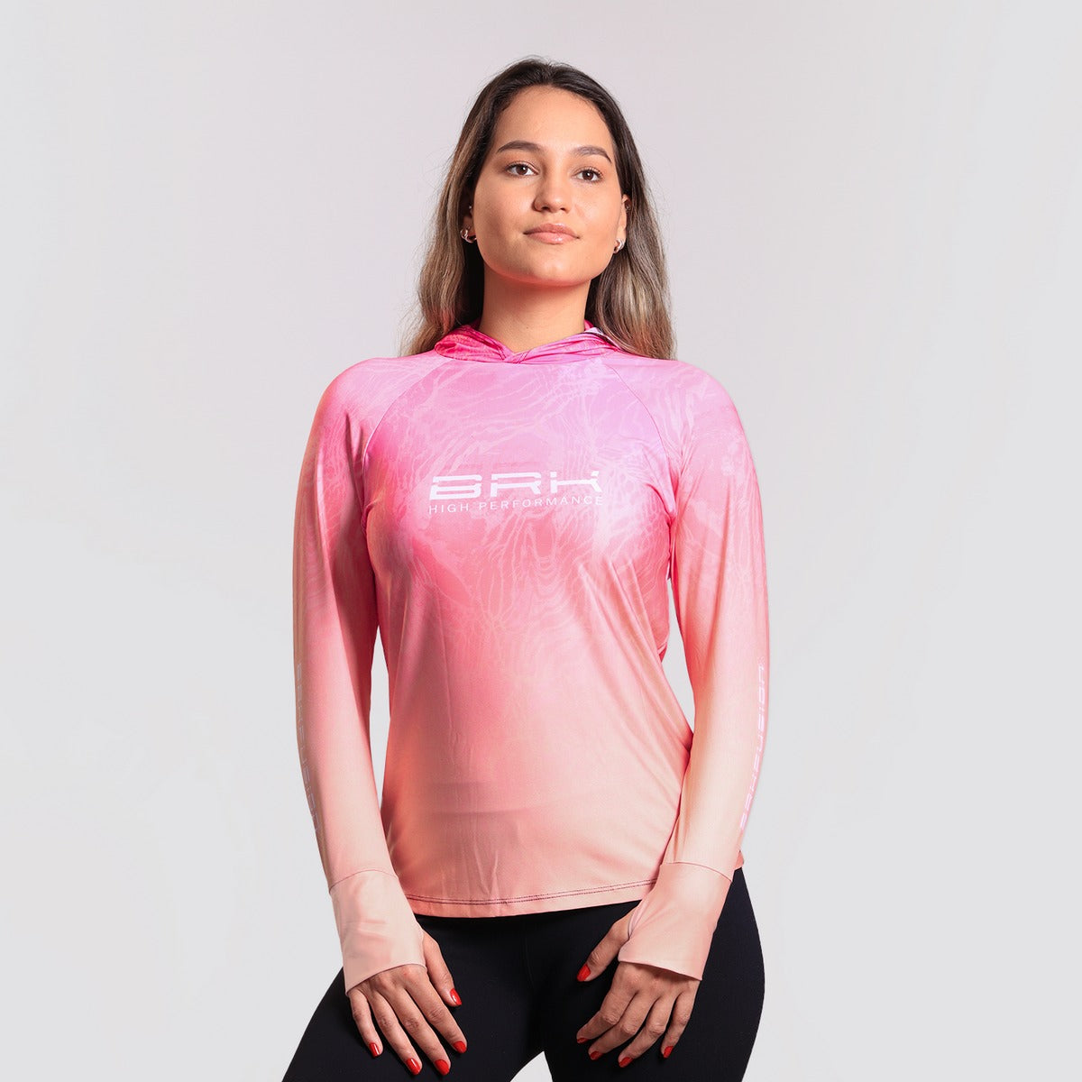 Camisa FusionX Feminina Brk Clean Efeito Água Laranja Rosa com Capuz e Proteção Solar UV50+ - Brk Fishing
