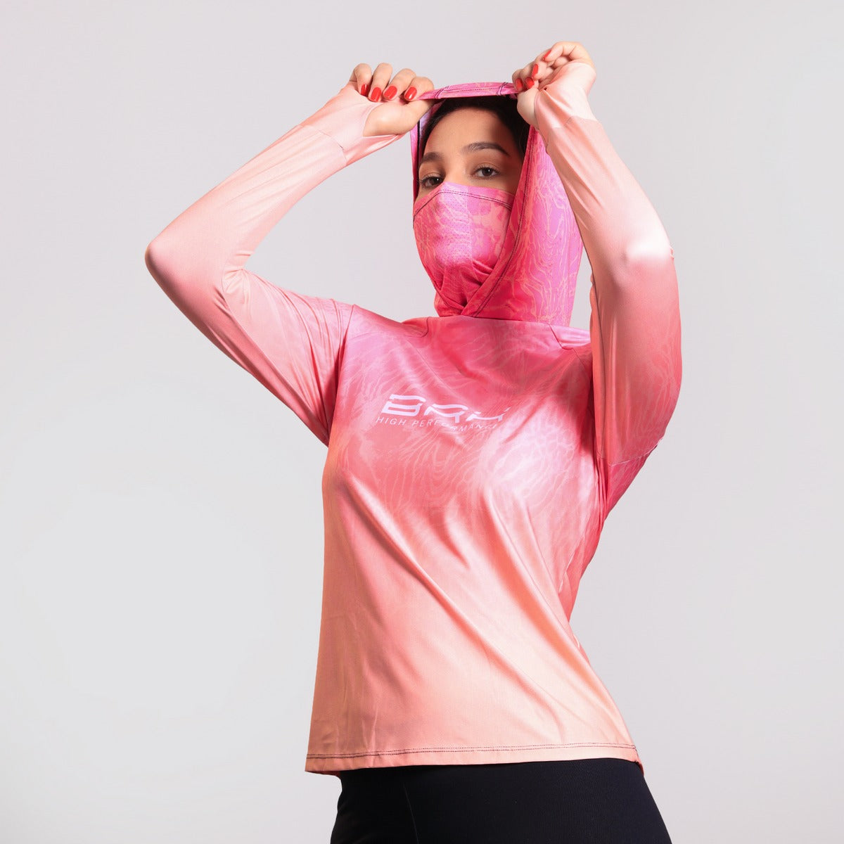 Camisa FusionX Feminina Brk Clean Efeito Água Laranja Rosa com Capuz e Proteção Solar UV50+ - Brk Fishing