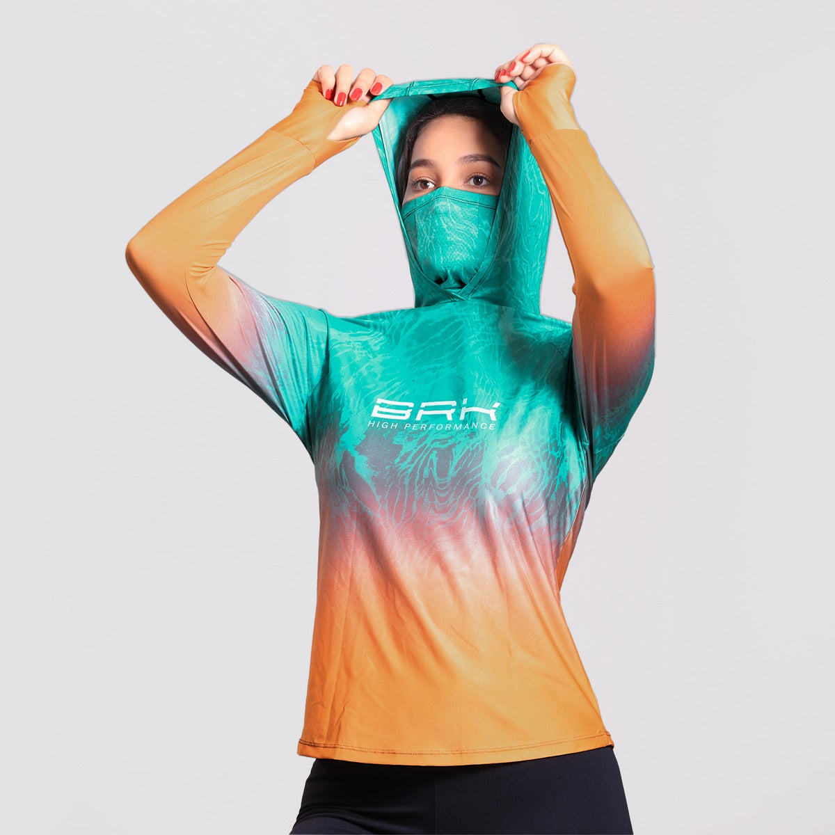 Camisa FusionX Feminina Brk Deep Azul Laranja com Capuz e Proteção Solar UV50+ - Brk Fishing