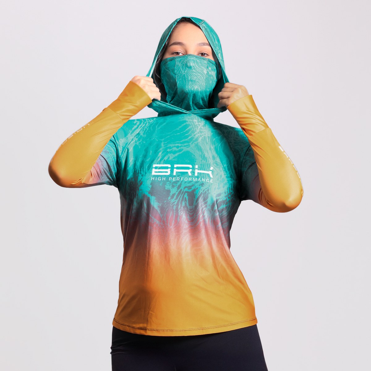 Camisa FusionX Feminina Brk Deep Azul Laranja com Capuz e Proteção Solar UV50+ - Brk Fishing