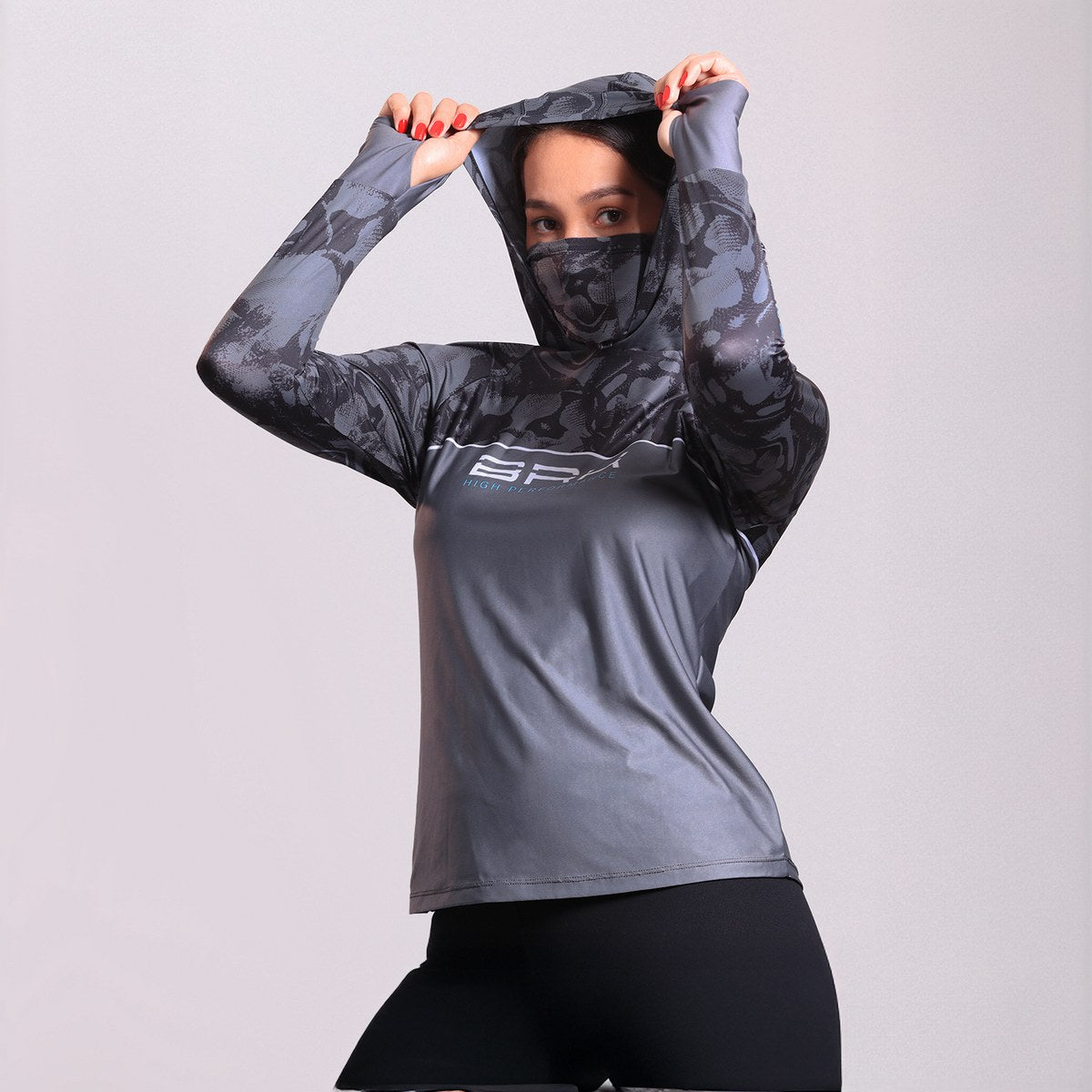 Camisa FusionX Feminina Brk Deep Cinza Camuflado com Capuz e Proteção Solar UV50+ - Brk Fishing