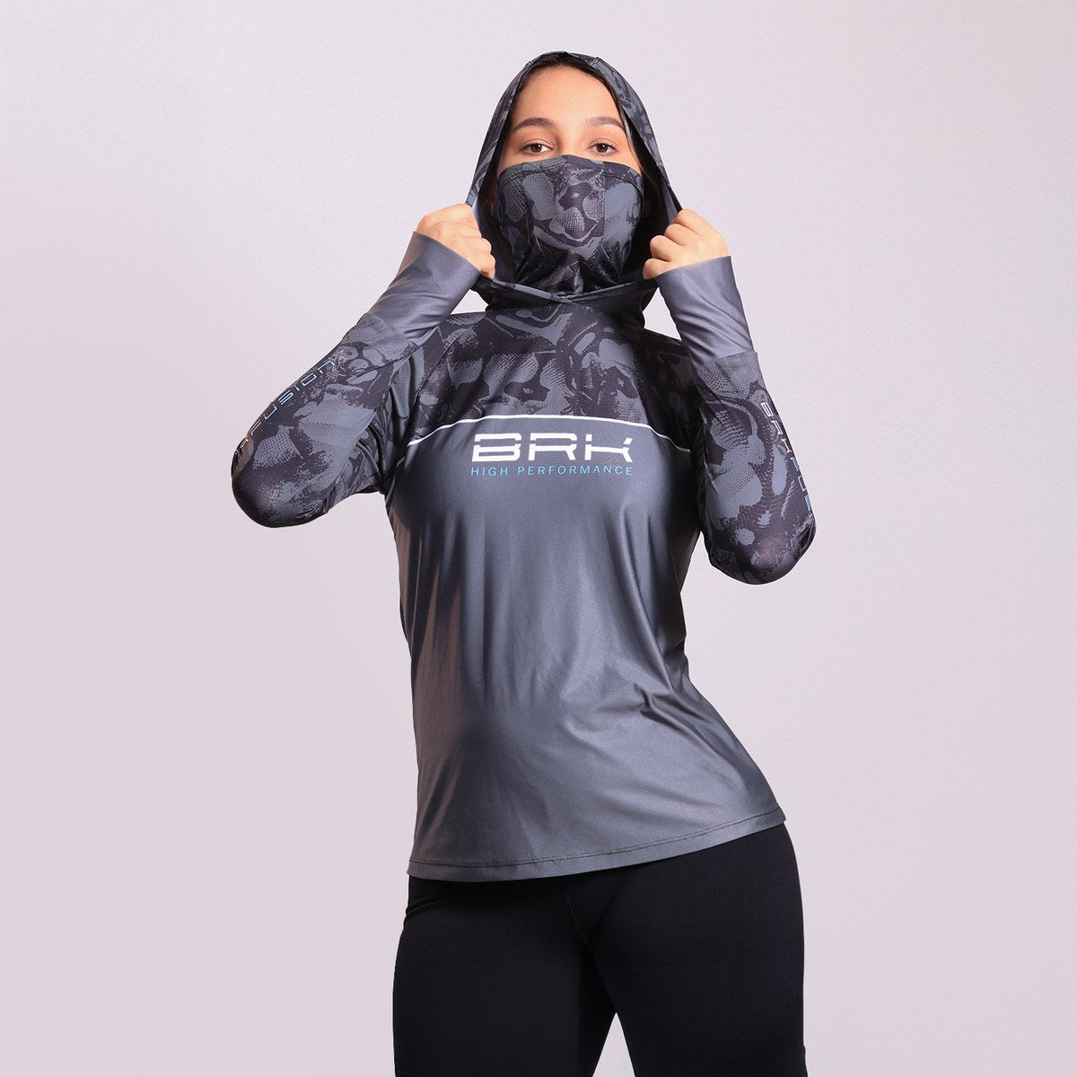 Camisa FusionX Feminina Brk Deep Cinza Camuflado com Capuz e Proteção Solar UV50+ - Brk Fishing