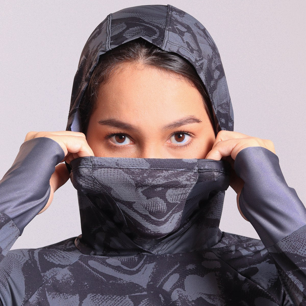 Camisa FusionX Feminina Brk Deep Cinza Camuflado com Capuz e Proteção Solar UV50+ - Brk Fishing