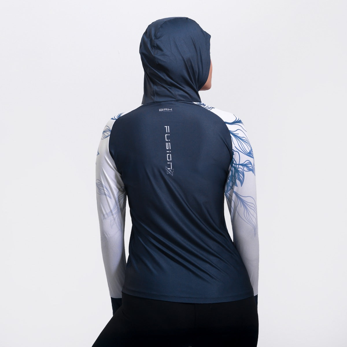 Camisa FusionX Feminina Brk Deep Azul Detalhe Folhas com Capuz e Proteção Solar UV50+ - Brk Fishing