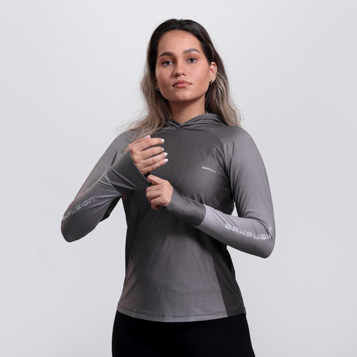 Camisa FusionX Feminina Brk Clean Cinza com Capuz e Proteção Solar UV50+ - Brk Fishing