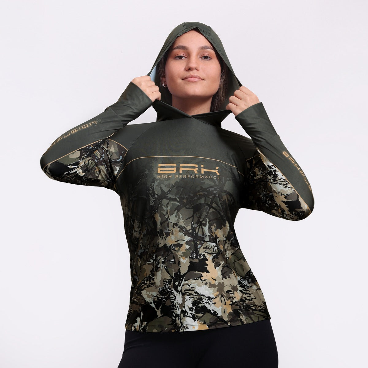 Camisa FusionX Feminina Brk Real Tree Verde e Proteção Solar UV50+ - Brk Fishing
