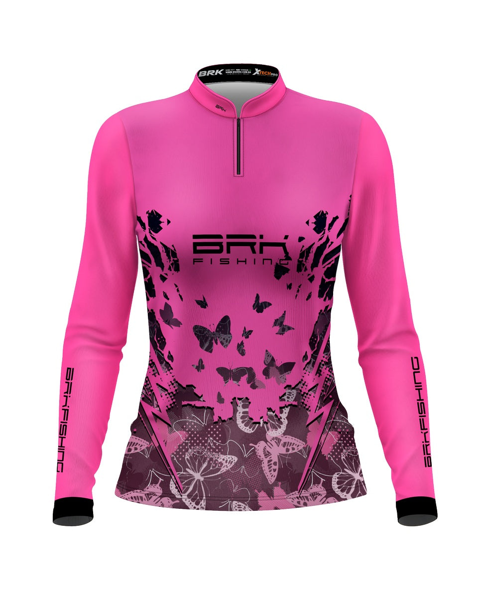 Camisa Feminina de Pesca  Brk Rosa com Borboletas Proteção UV50+ - Brk Fishing