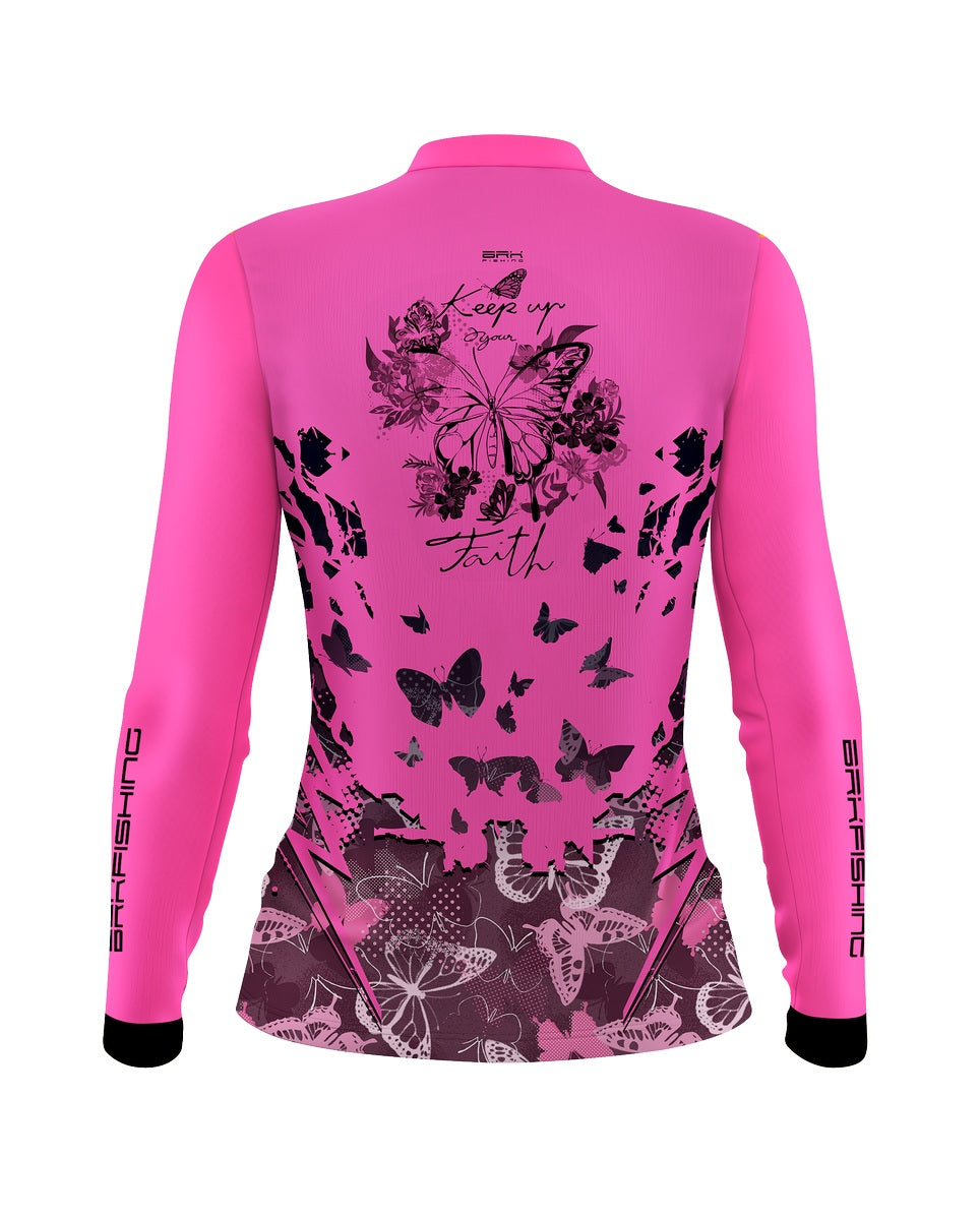 Camisa Feminina de Pesca  Brk Rosa com Borboletas Proteção UV50+ - Brk Fishing