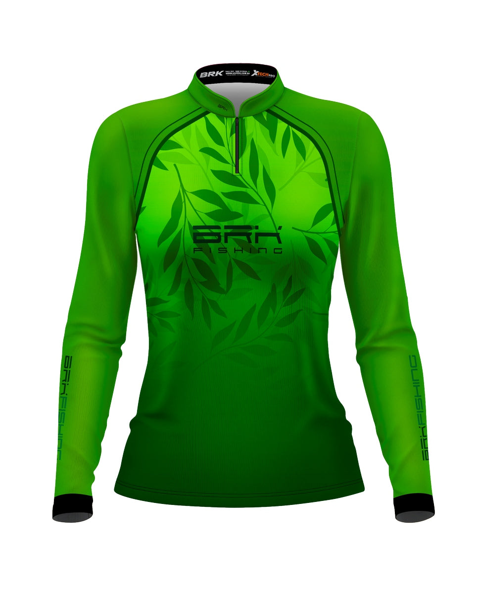 Camisa Feminina de Pesca  Verde Brk Fishing Folhas com UV50+ - Brk Fishing
