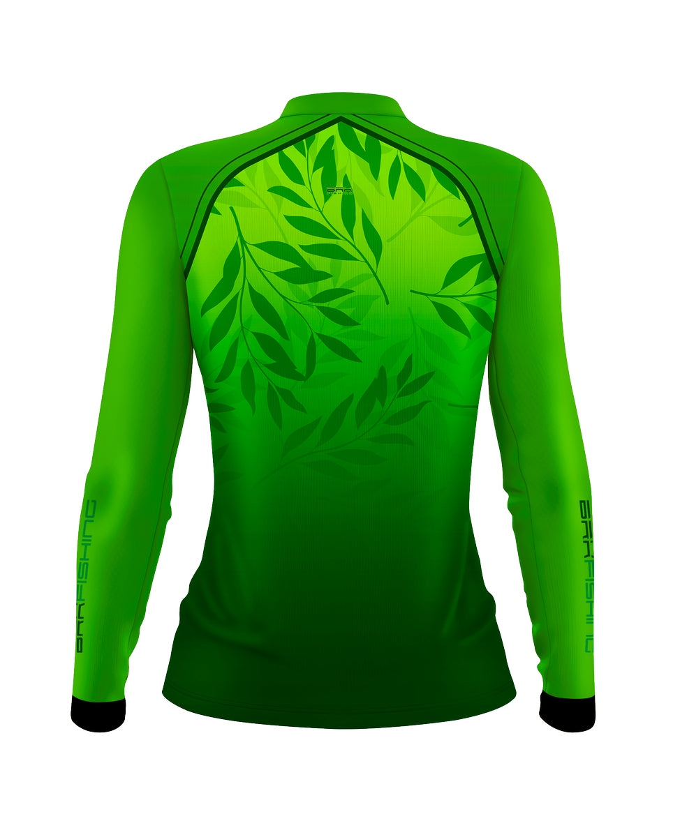 Camisa Feminina de Pesca  Verde Brk Fishing Folhas com UV50+ - Brk Fishing