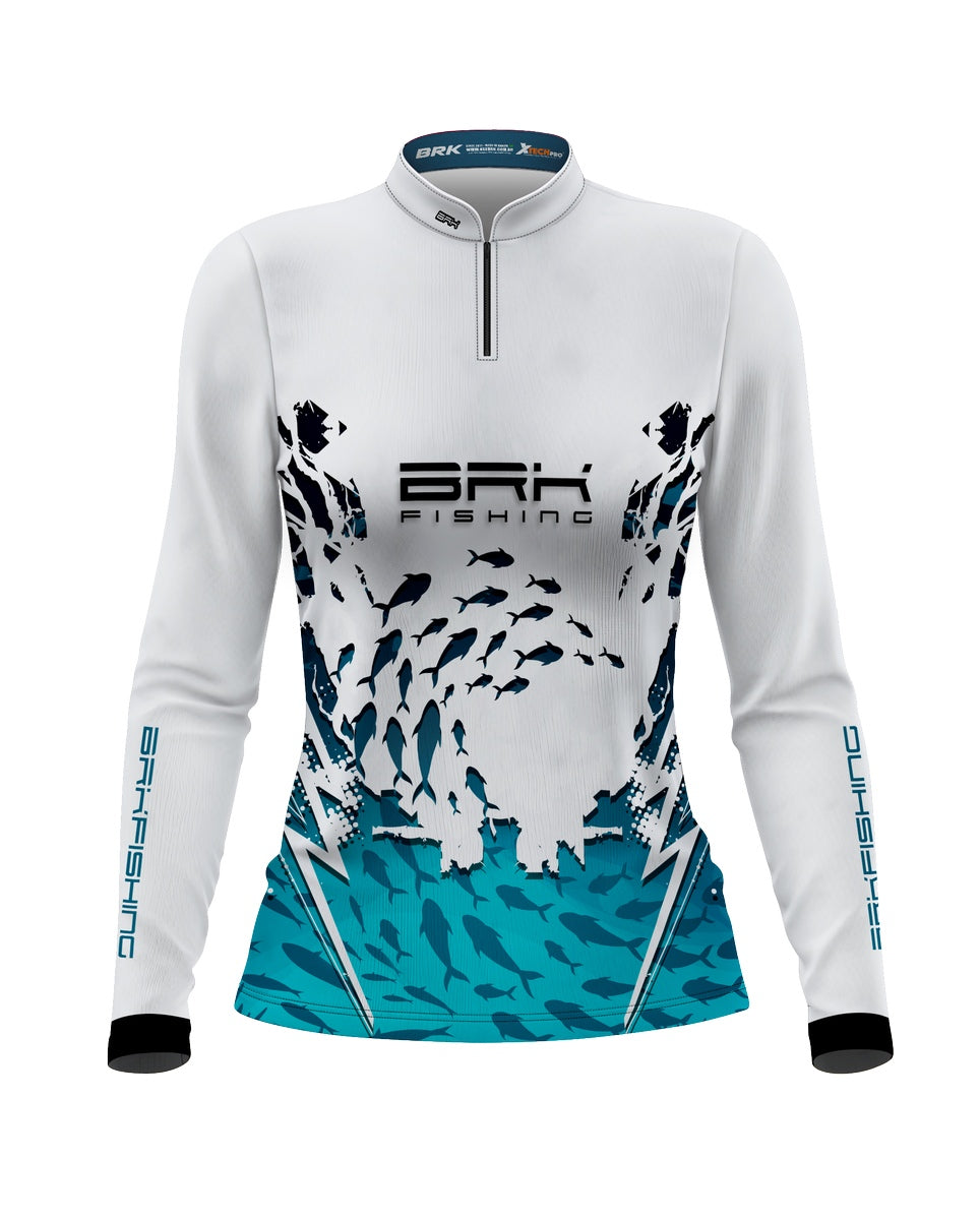 Camisa Feminina  Brk Peixe Vazado Branco e Azul com UV50+ - Brk Fishing