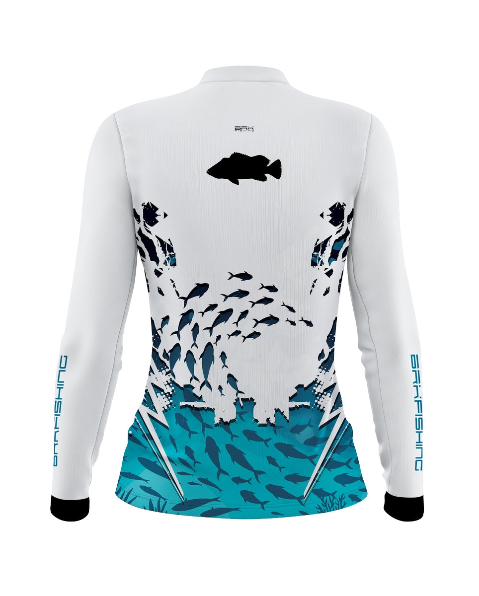 Camisa Feminina  Brk Peixe Vazado Branco e Azul com UV50+ - Brk Fishing