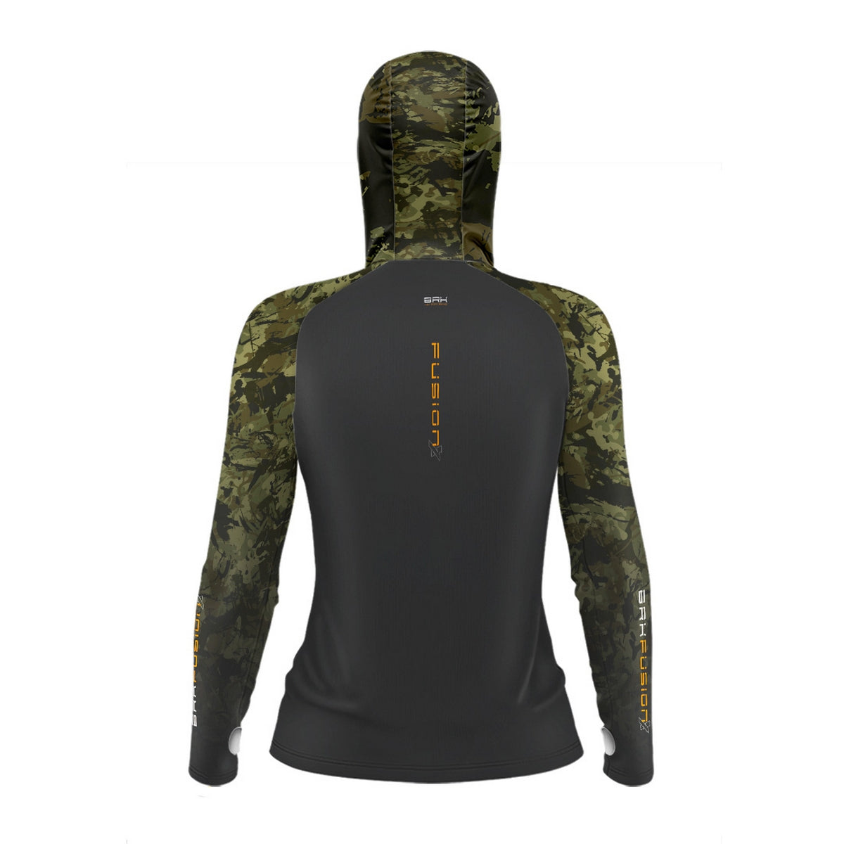 Camisa FusionX Feminina Brk Camuflada Verde Preto Capuz e Proteção UV50+ - Brk Fishing