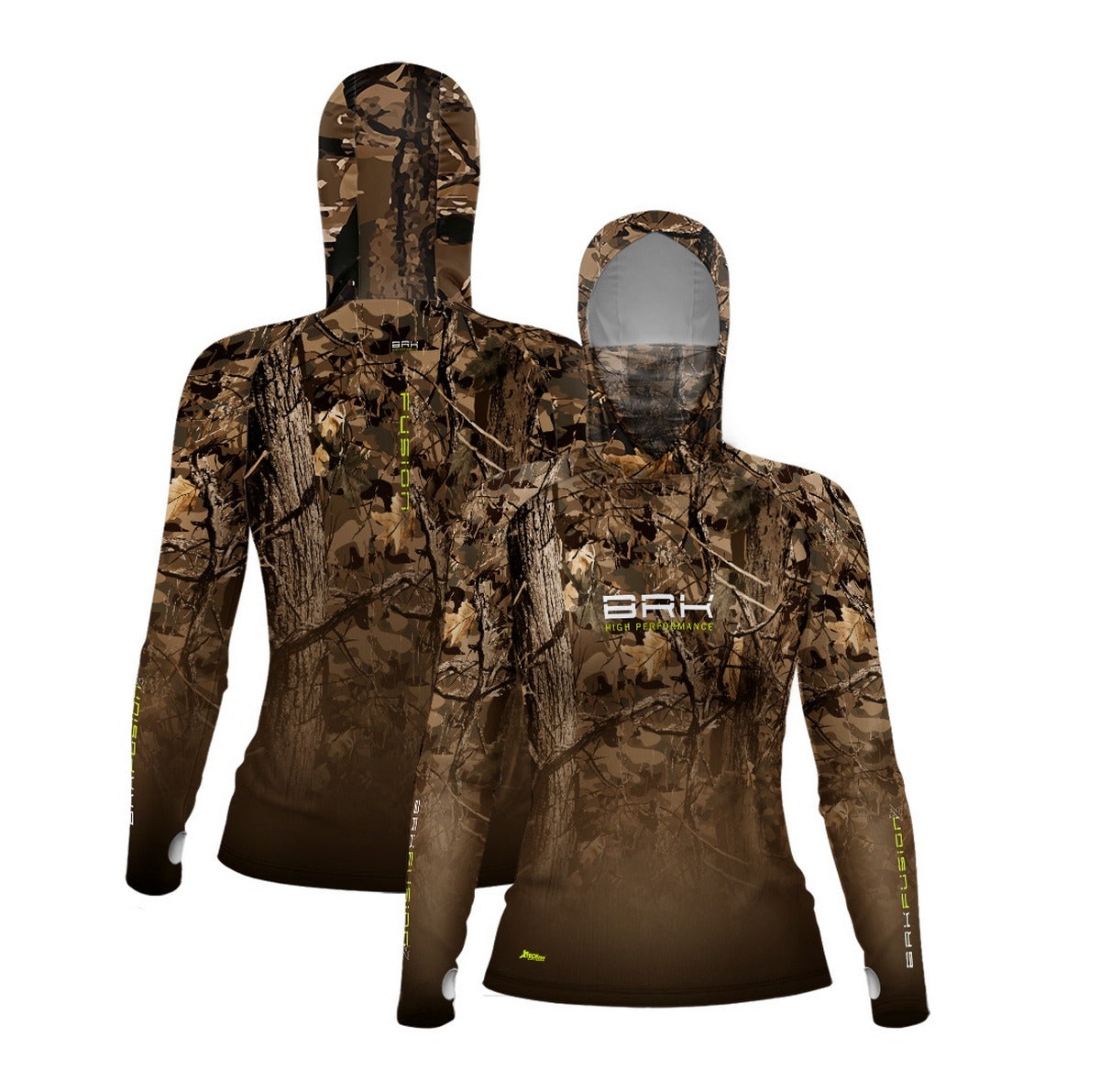 Camisa FusionX Feminina Brk Hunter Camuflada Galhos Marrom com Capuz e Proteção UV50+ - Brk Fishing