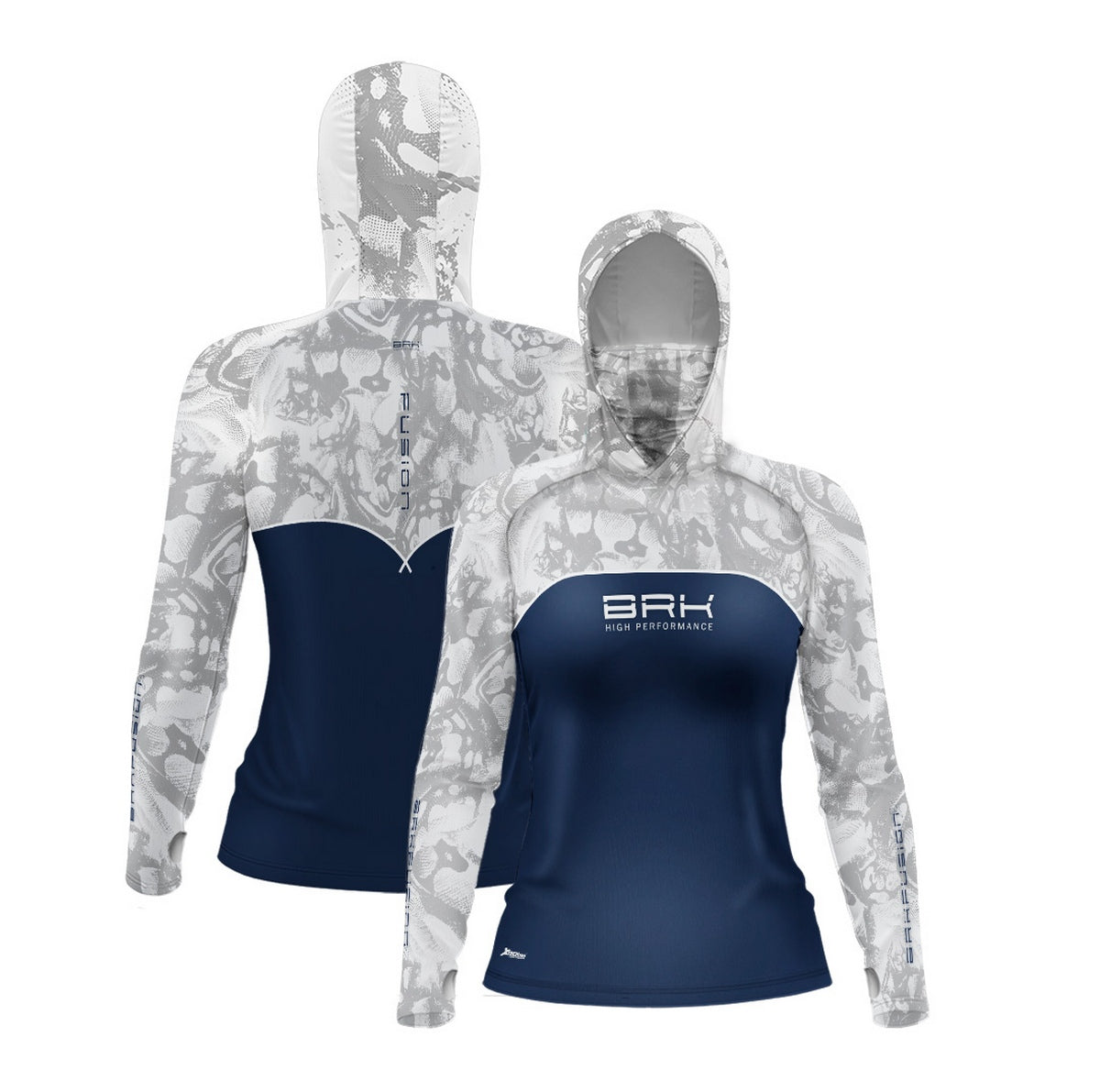 Camisa FusionX Feminina Brk Deep Camuflada Branco Azul com Capuz e Proteção UV50+ - Brk Fishing