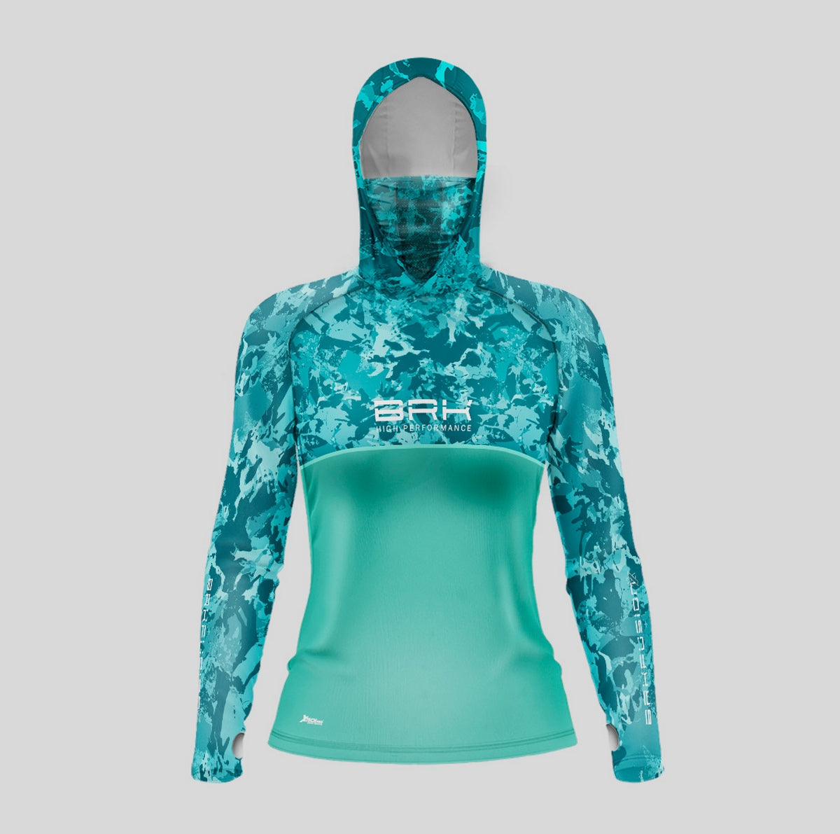 Camisa FusionX Feminina Brk Camuflada Verde Água com Capuz e Proteção UV50+ - Brk Fishing