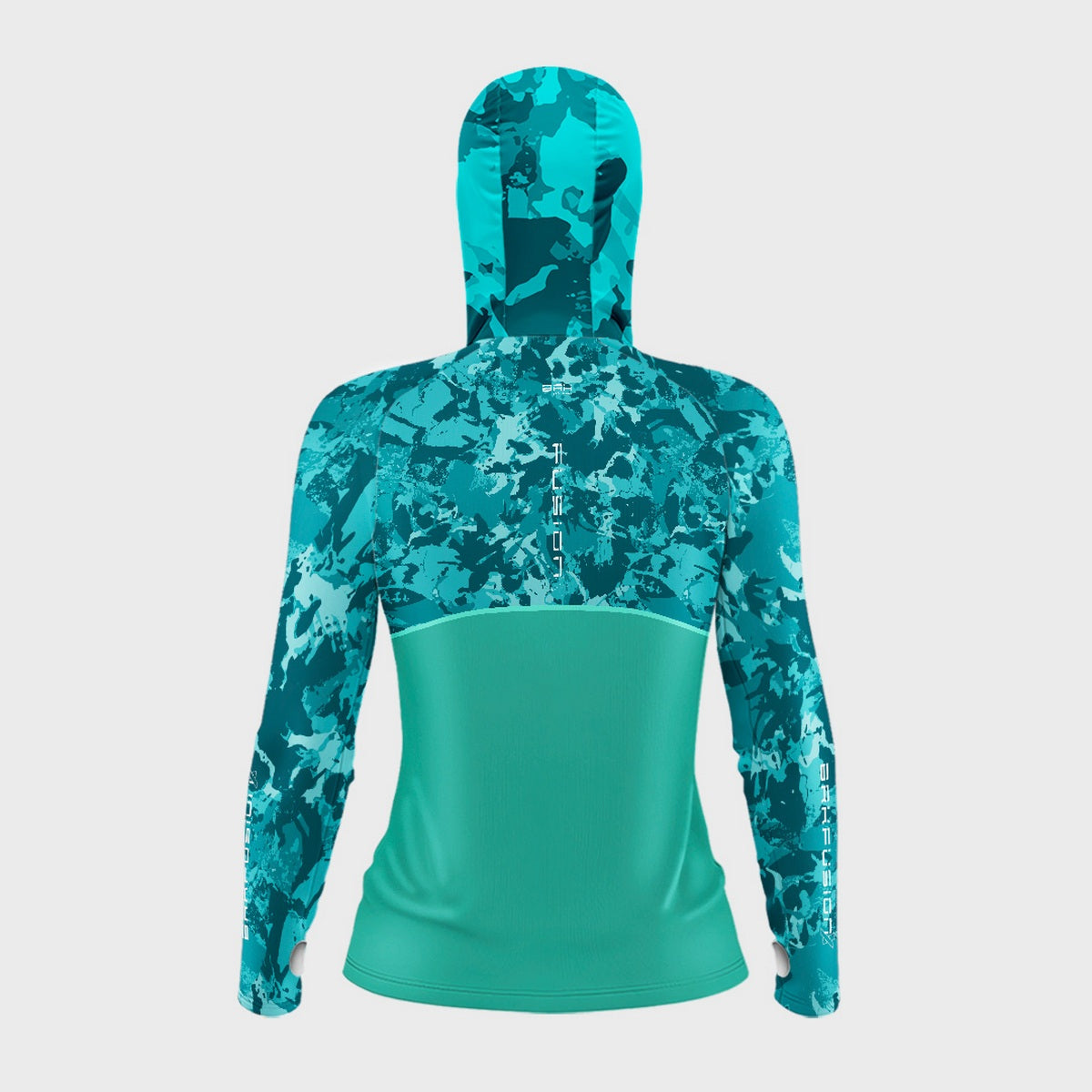 Camisa FusionX Feminina Brk Camuflada Verde Água com Capuz e Proteção UV50+ - Brk Fishing