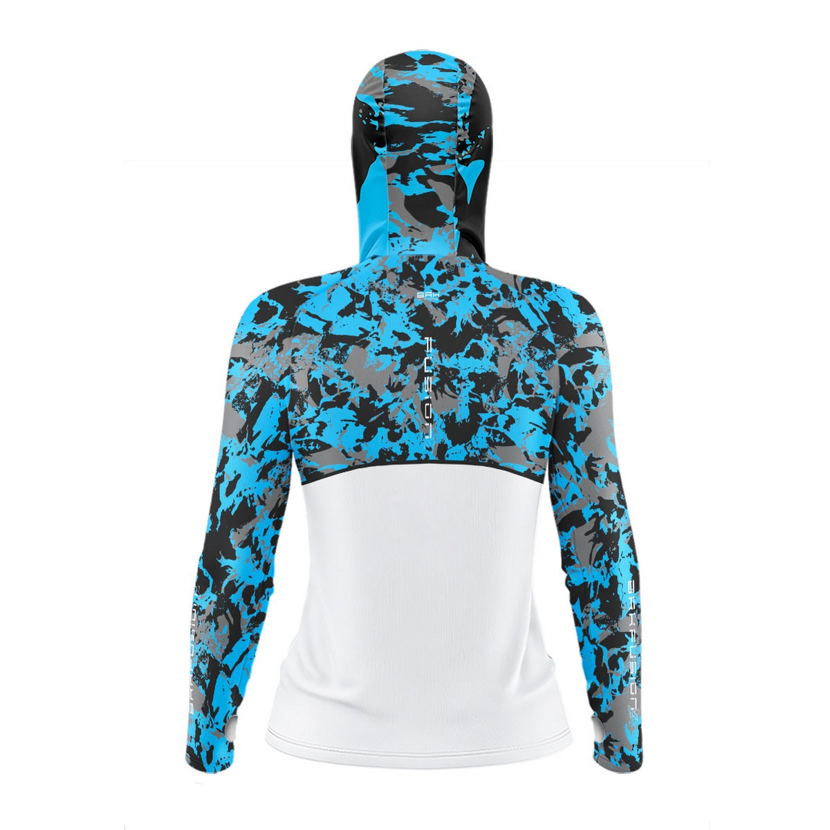 Camisa FusionX Feminina Brk Marine Camuflada Azul Branco com Capuz e Proteção UV50+ - Brk Fishing