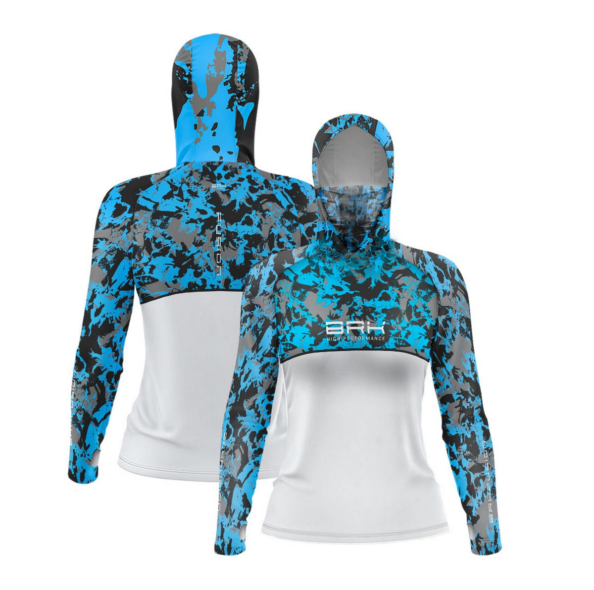 Camisa FusionX Feminina Brk Marine Camuflada Azul Branco com Capuz e Proteção UV50+ - Brk Fishing