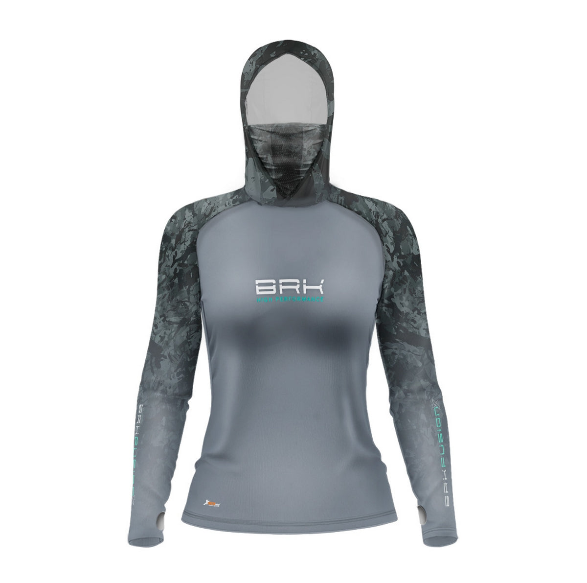 Camisa FusionX Feminina Brk Camuflado Preto Cinza com Capuz e Proteção UV50+ - Brk Fishing