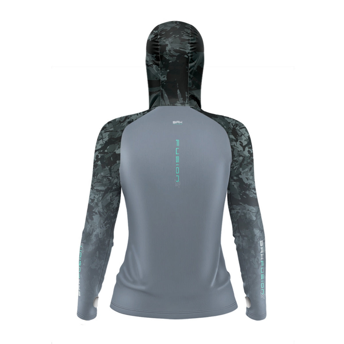 Camisa FusionX Feminina Brk Camuflado Preto Cinza com Capuz e Proteção UV50+ - Brk Fishing