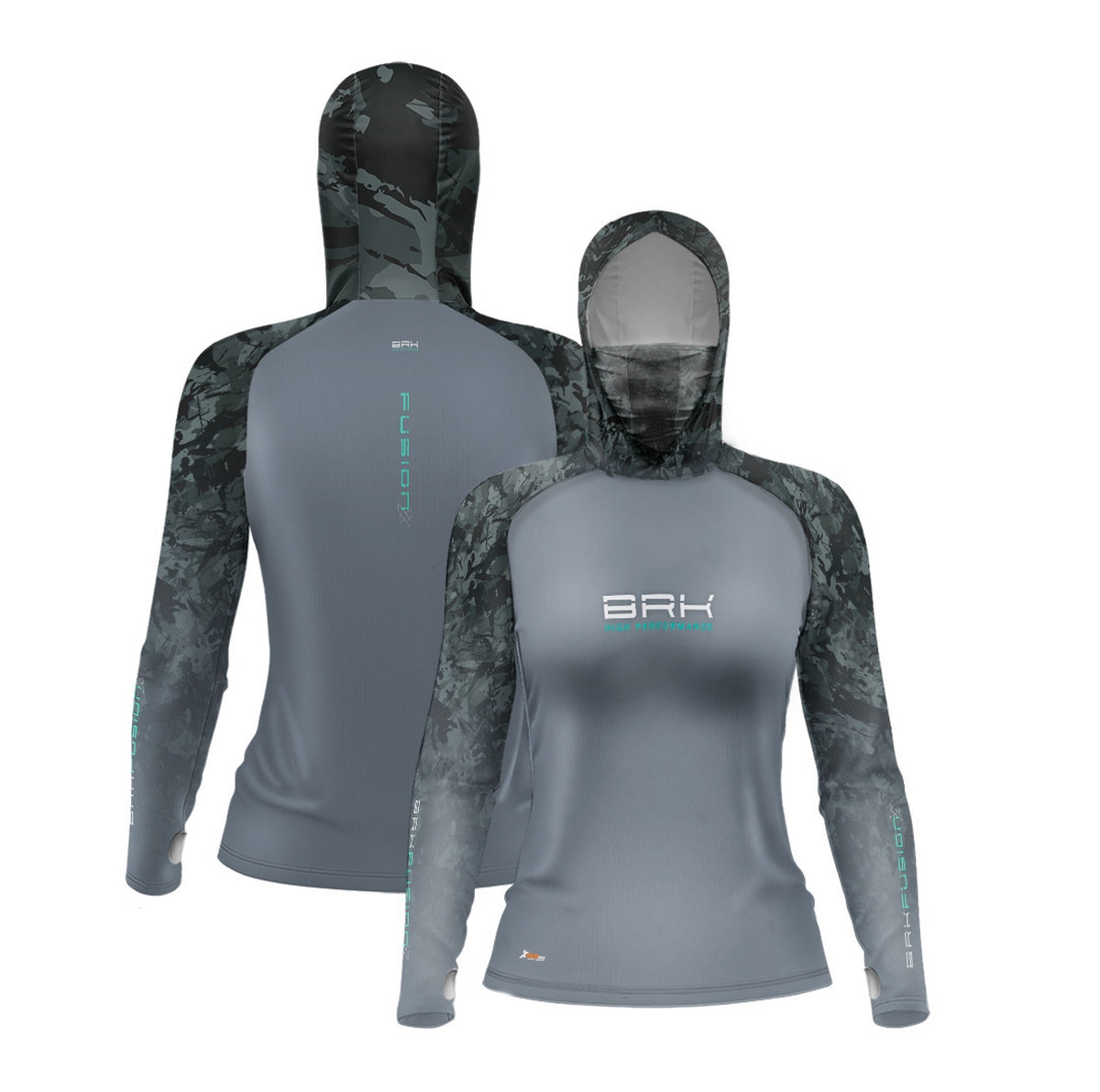 Camisa FusionX Feminina Brk Camuflado Preto Cinza com Capuz e Proteção UV50+ - Brk Fishing