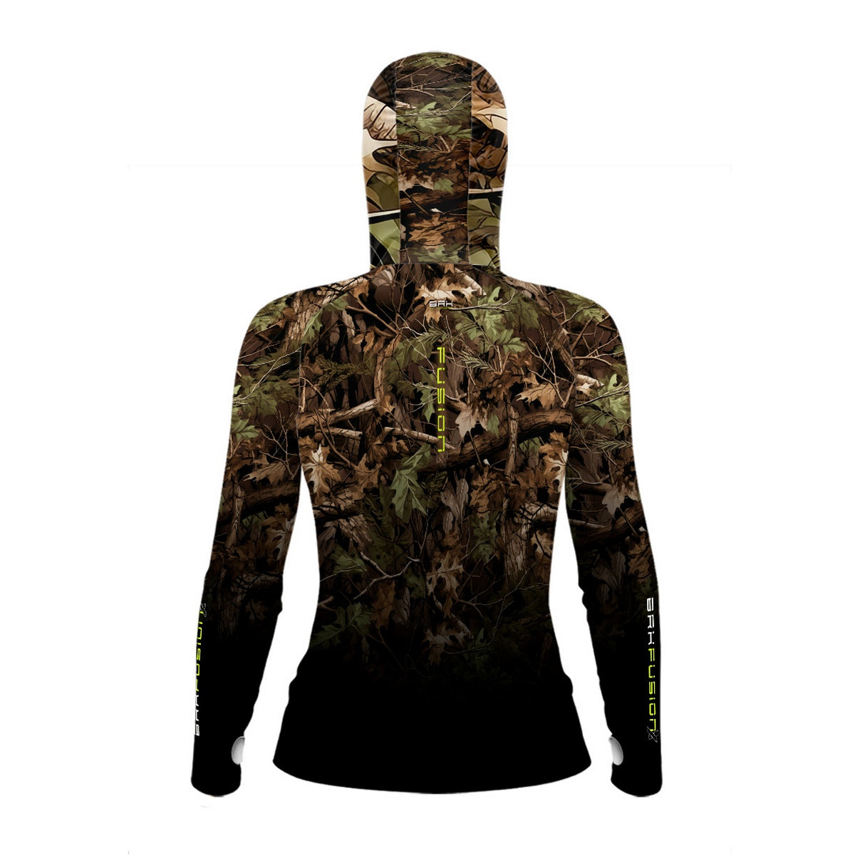 Camisa FusionX Feminina Brk Hunter Camu Floresta Preta com Capuz e Proteção UV50+ - Brk Fishing