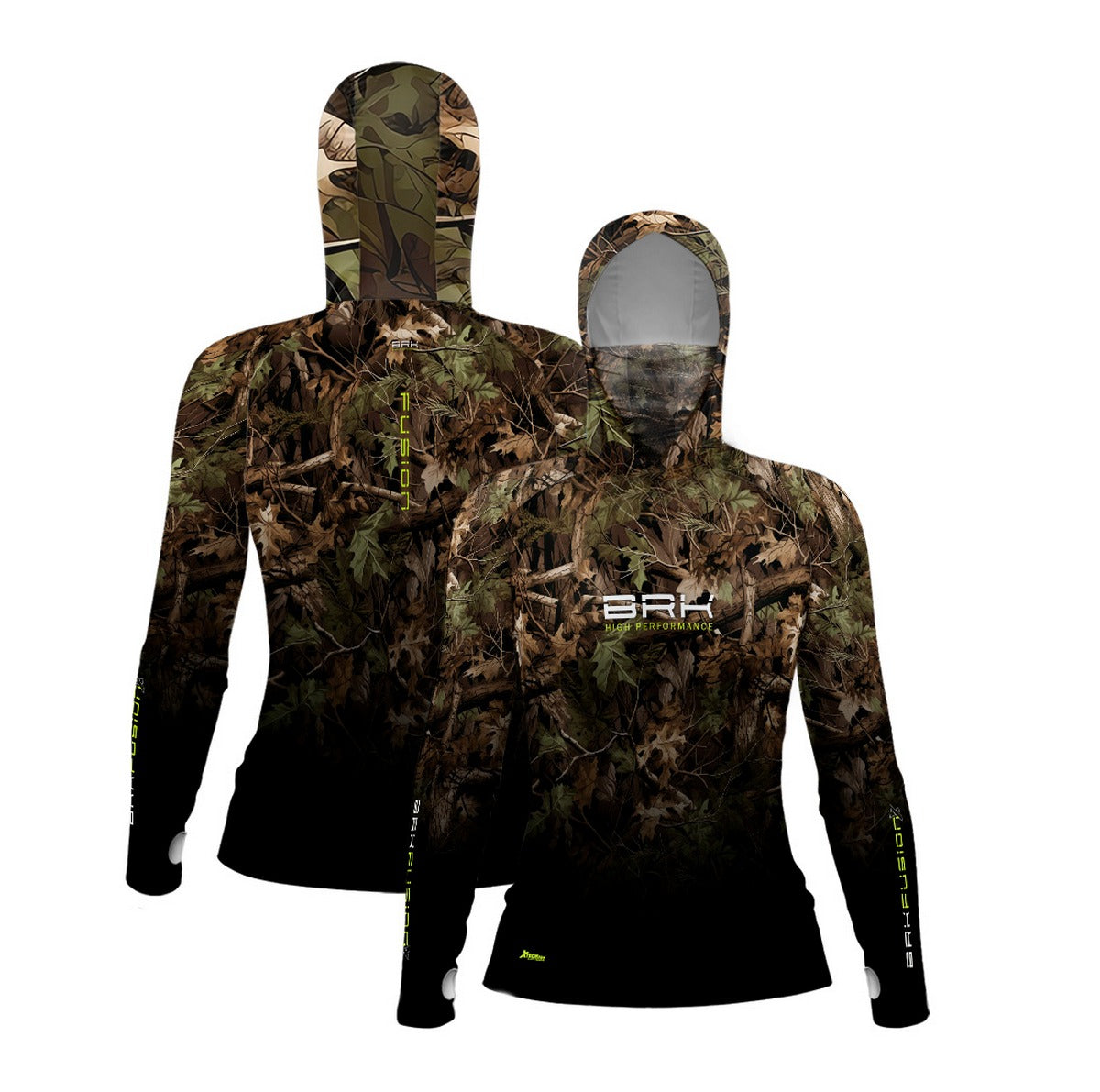 Camisa FusionX Feminina Brk Hunter Camu Floresta Preta com Capuz e Proteção UV50+ - Brk Fishing