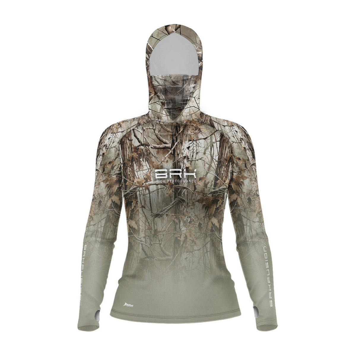 Camisa FusionX Feminina Brk Hunter Real Tree Camuflado com Capuz e Proteção UV50+ - Brk Fishing