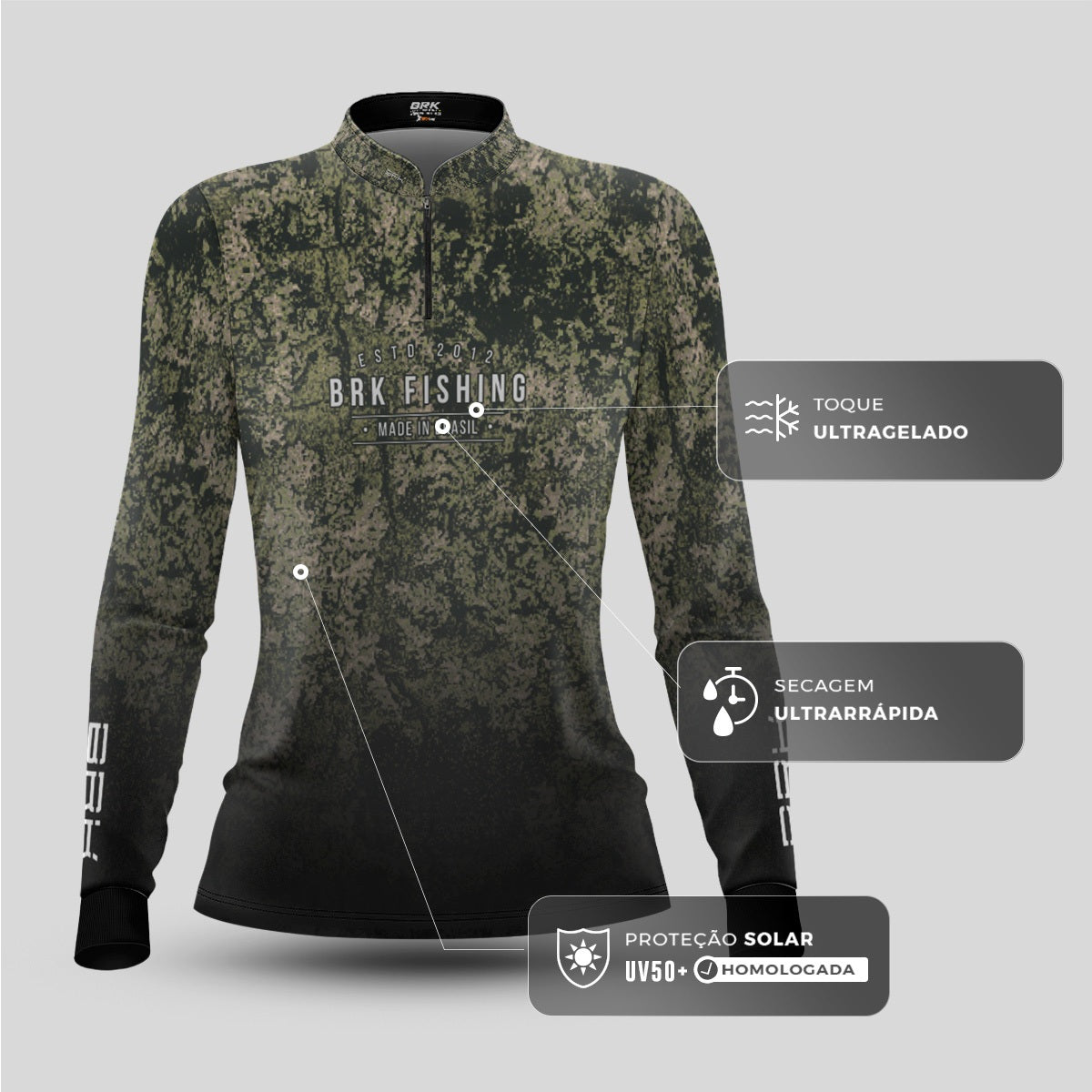 Camisa de Pesca Feminina Brk Camo Fishing com Proteção UV50+ - Brk Fishing