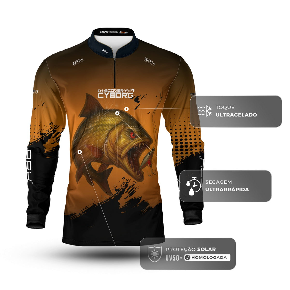 Camisa de Pesca Brk Cyborg Dourado Laranja com Proteção UV50+ - Brk Fishing
