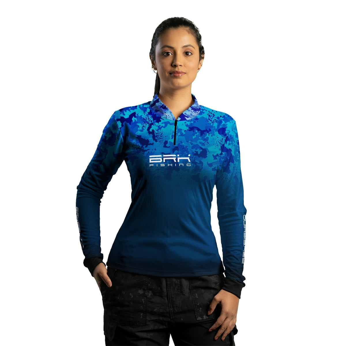 Camisa de Pesca Feminina Brk Azul Naval Camuflado com Proteção UV50+ - Brk Fishing