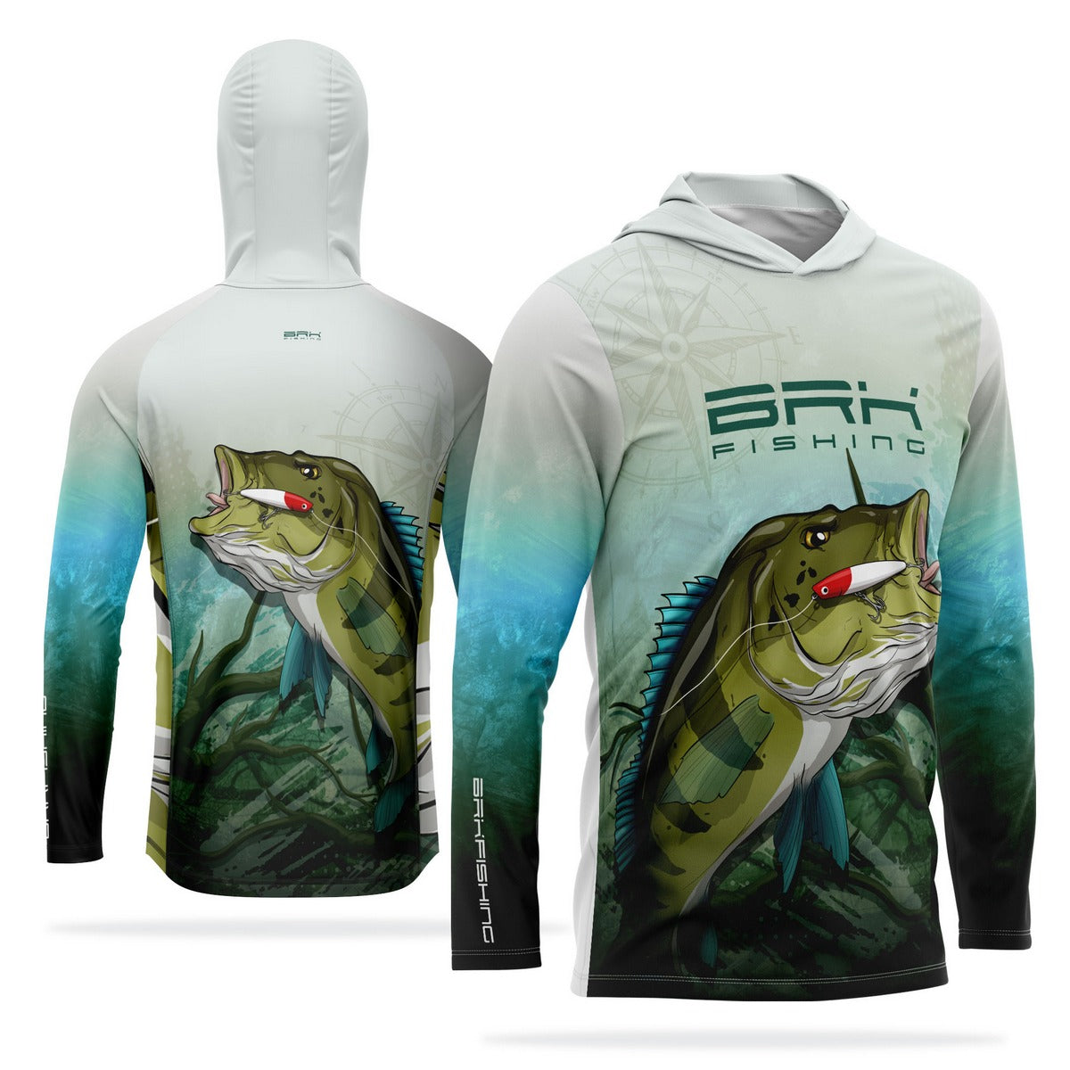 Camisa de Pesca com Capuz Brk Verde e Branca Tucunaré Azul com Proteção Solar UV50+ - Brk Fishing