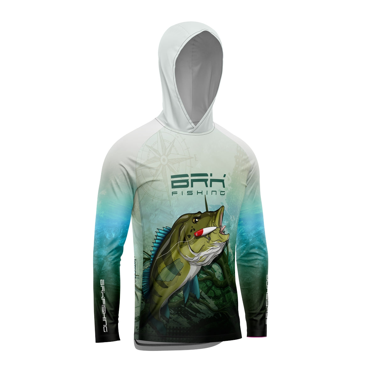 Camisa de Pesca com Capuz Brk Verde e Branca Tucunaré Azul com Proteção Solar UV50+ - Brk Fishing