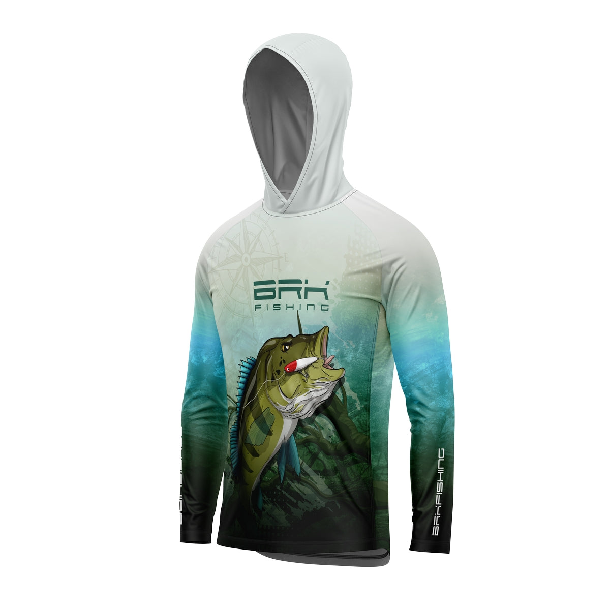 Camisa de Pesca com Capuz Brk Verde e Branca Tucunaré Azul com Proteção Solar UV50+ - Brk Fishing