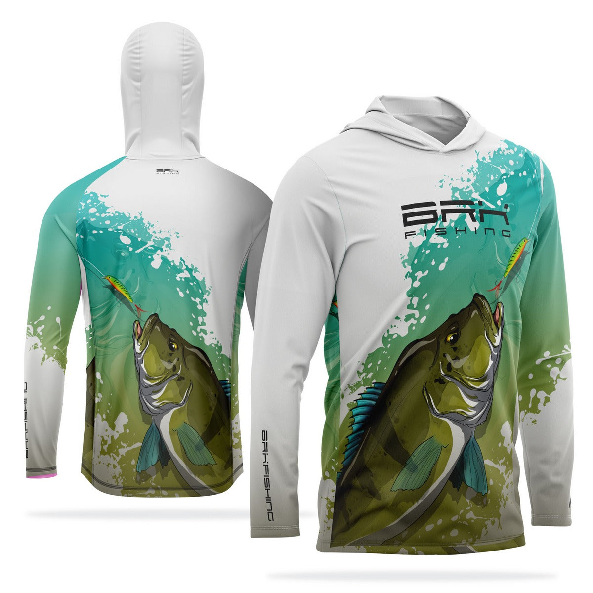 Camisa de Pesca com Capuz Brk Branca e Verde Tucunaré Azul com Proteção Solar UV50+ - Brk Fishing