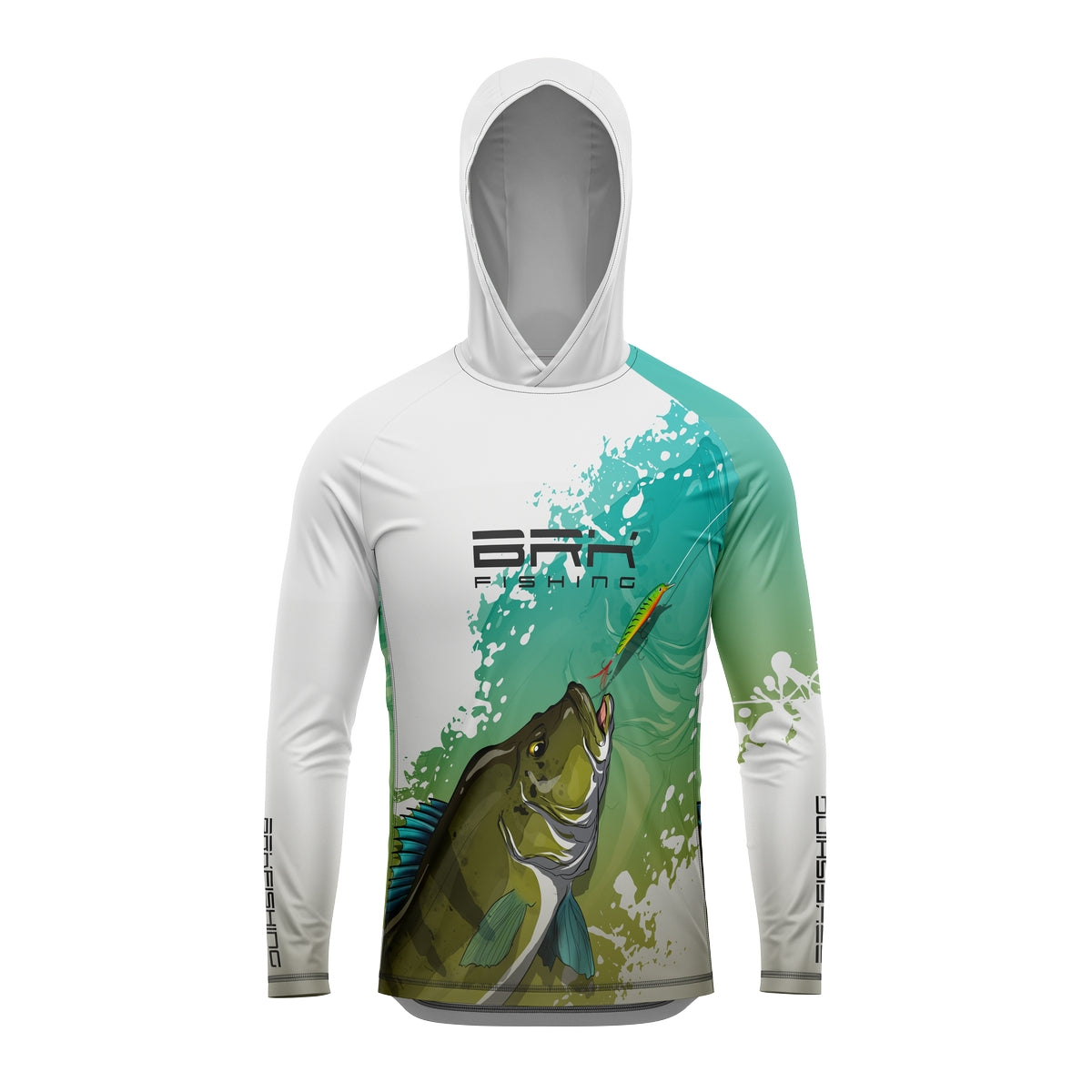 Camisa de Pesca com Capuz Brk Branca e Verde Tucunaré Azul com Proteção Solar UV50+ - Brk Fishing
