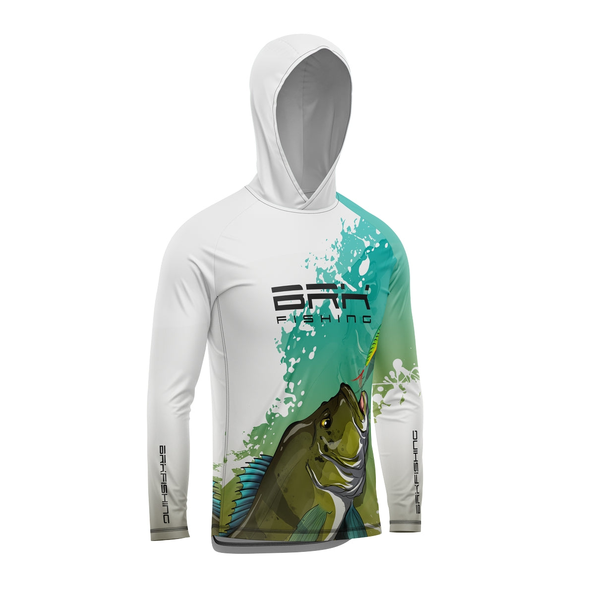 Camisa de Pesca com Capuz Brk Branca e Verde Tucunaré Azul com Proteção Solar UV50+ - Brk Fishing