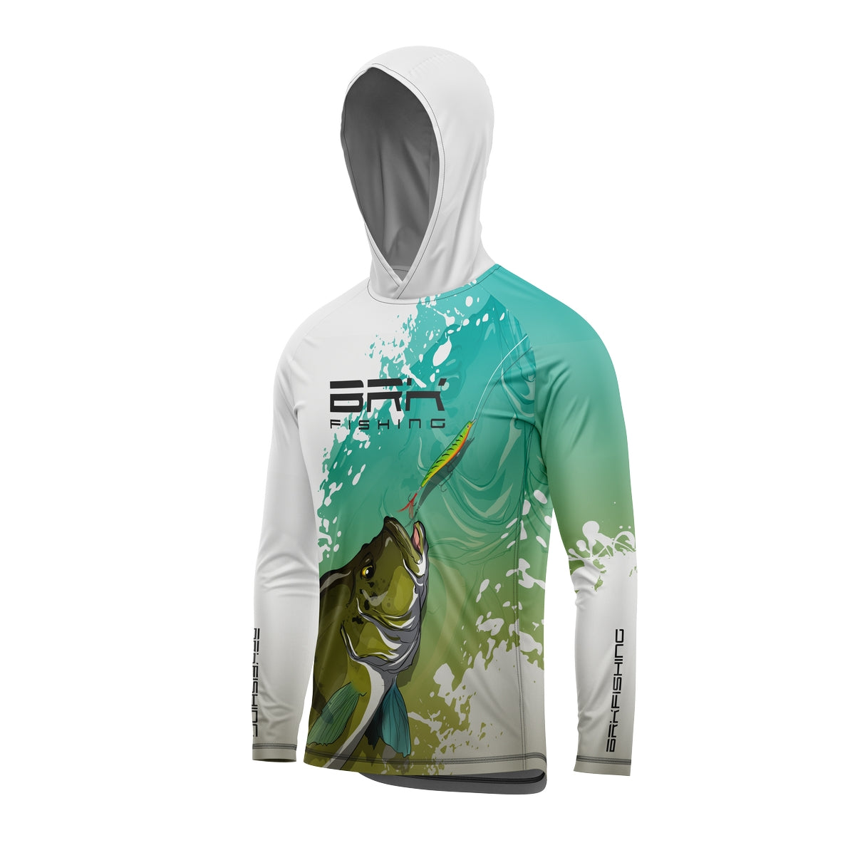 Camisa de Pesca com Capuz Brk Branca e Verde Tucunaré Azul com Proteção Solar UV50+ - Brk Fishing