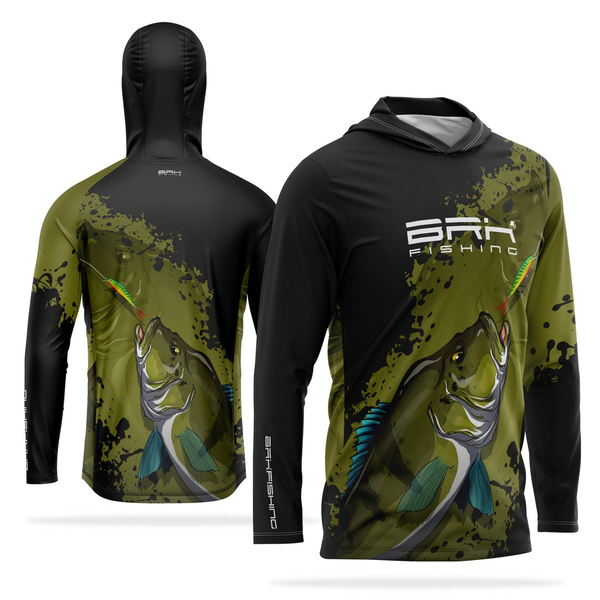 Camisa de Pesca com Capuz Brk Musgo e Preto Tucunaré Azul com Proteção Solar UV50+ - Brk Fishing