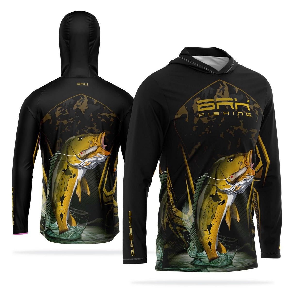 Camisa de Pesca com Capuz Brk Preta Tucunaré Amarelo com Proteção Solar UV50+ - Brk Fishing