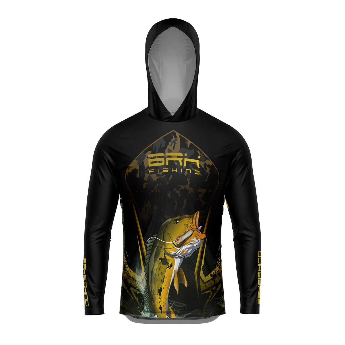 Camisa de Pesca com Capuz Brk Preta Tucunaré Amarelo com Proteção Solar UV50+ - Brk Fishing