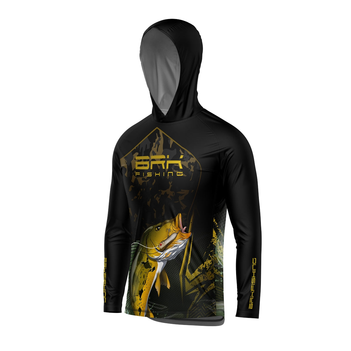 Camisa de Pesca com Capuz Brk Preta Tucunaré Amarelo com Proteção Solar UV50+ - Brk Fishing
