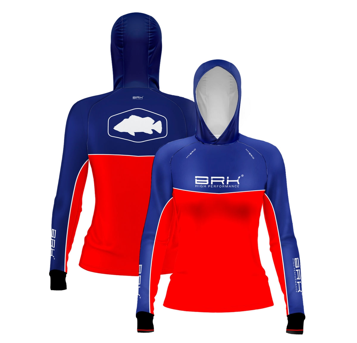 Camisa de Pesca Feminina Brk com Capuz Hybrid Red Blue Fishin com Proteção Solar UV50+ Brk Fishing