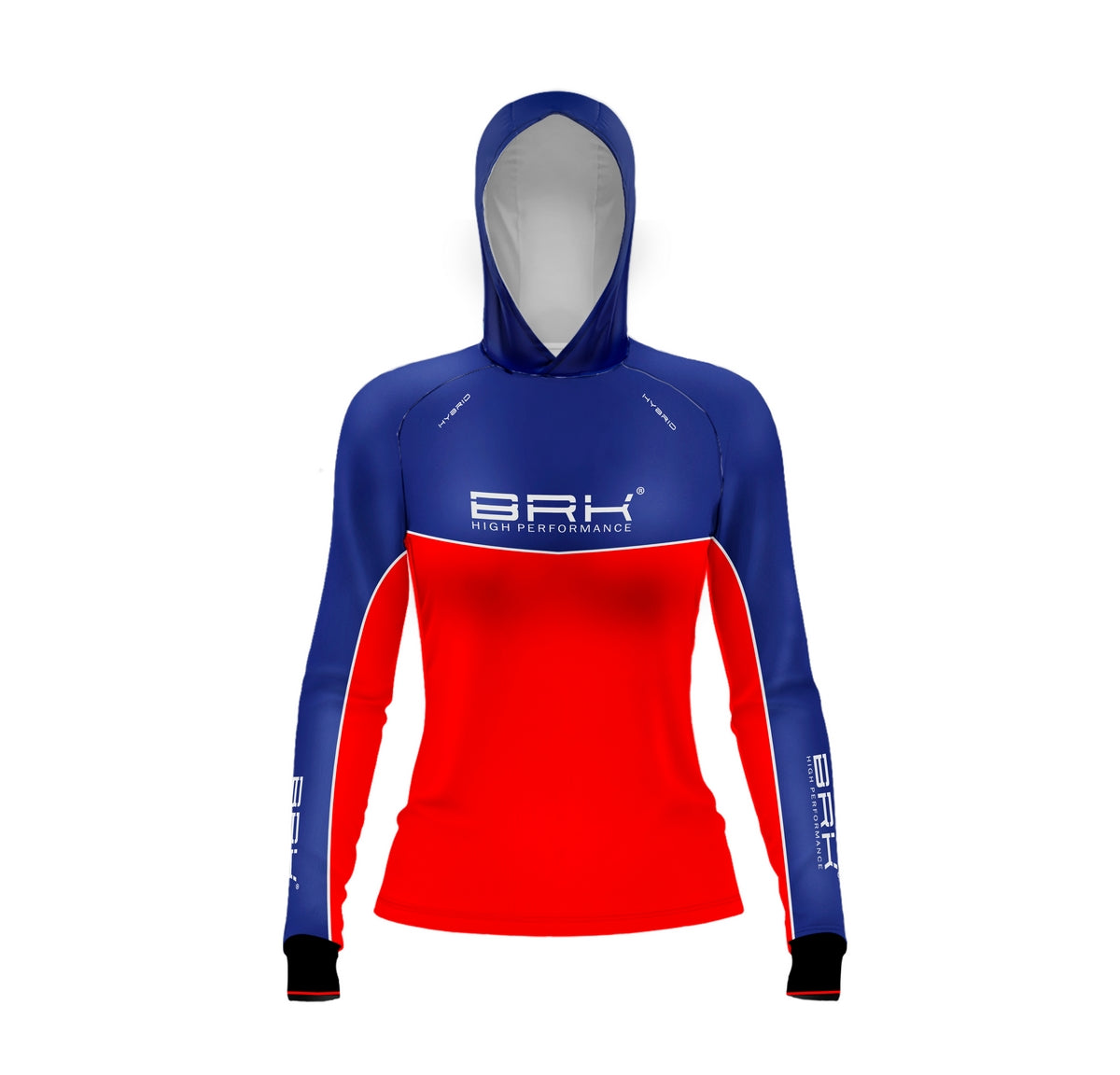 Camisa de Pesca Feminina Brk com Capuz Hybrid Red Blue Fishin com Proteção Solar UV50+ Brk Fishing