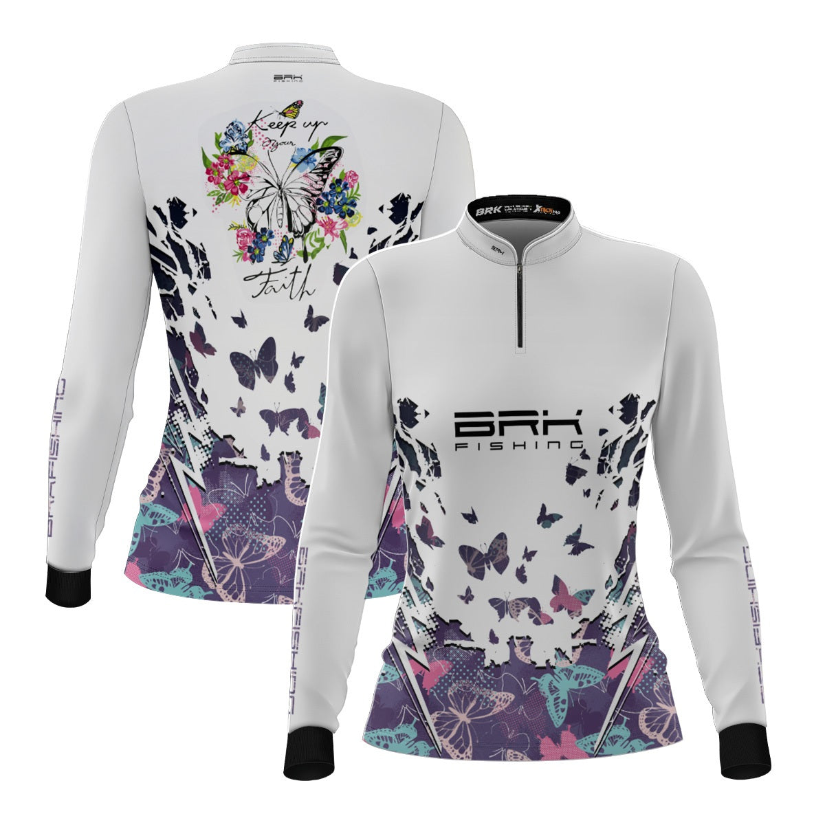 Camisa de Pesca Feminina Brk Borboleta Branca com Proteção UV50+ - Brk Fishing